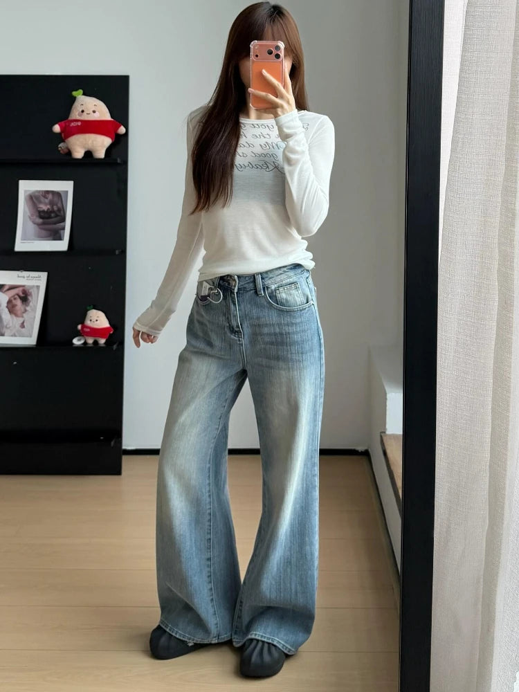 Vintage Slub Curved Wide Leg Jeans Light Wash High Waist Figure Flattering Straight Floor-length Autumn Winter Women Denim Pants