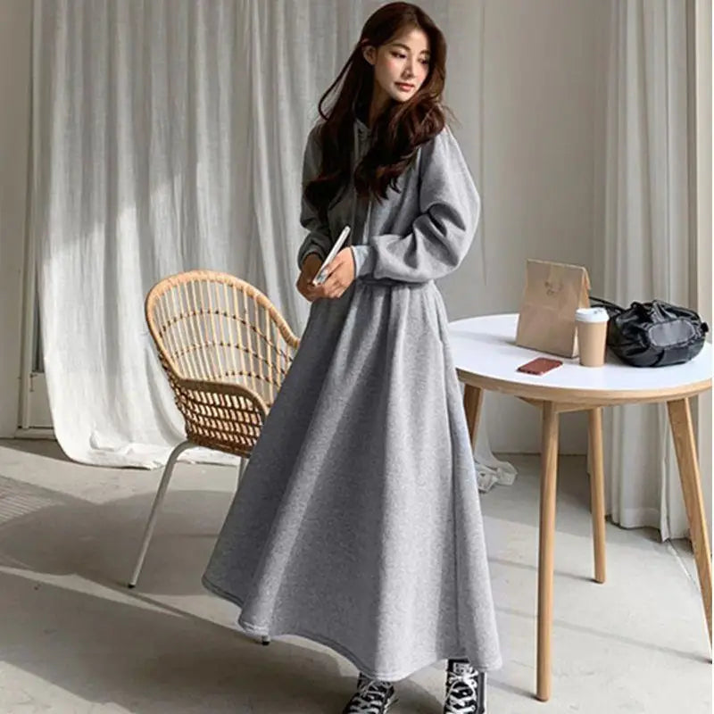 Korean Style Autumn Winter Hooded Sweatshirt Dress Plus Size Slimming Waist Cinch Solid Color Long Gown for Students Women Casua