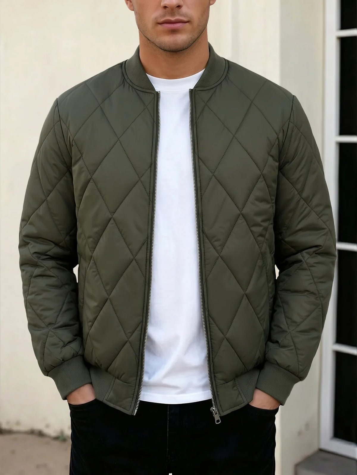 Lightweight Men Diamond Quilted Er Jacket Zip Up Baseball Collar Casual Windproof Padded Coat For Autumn Winter