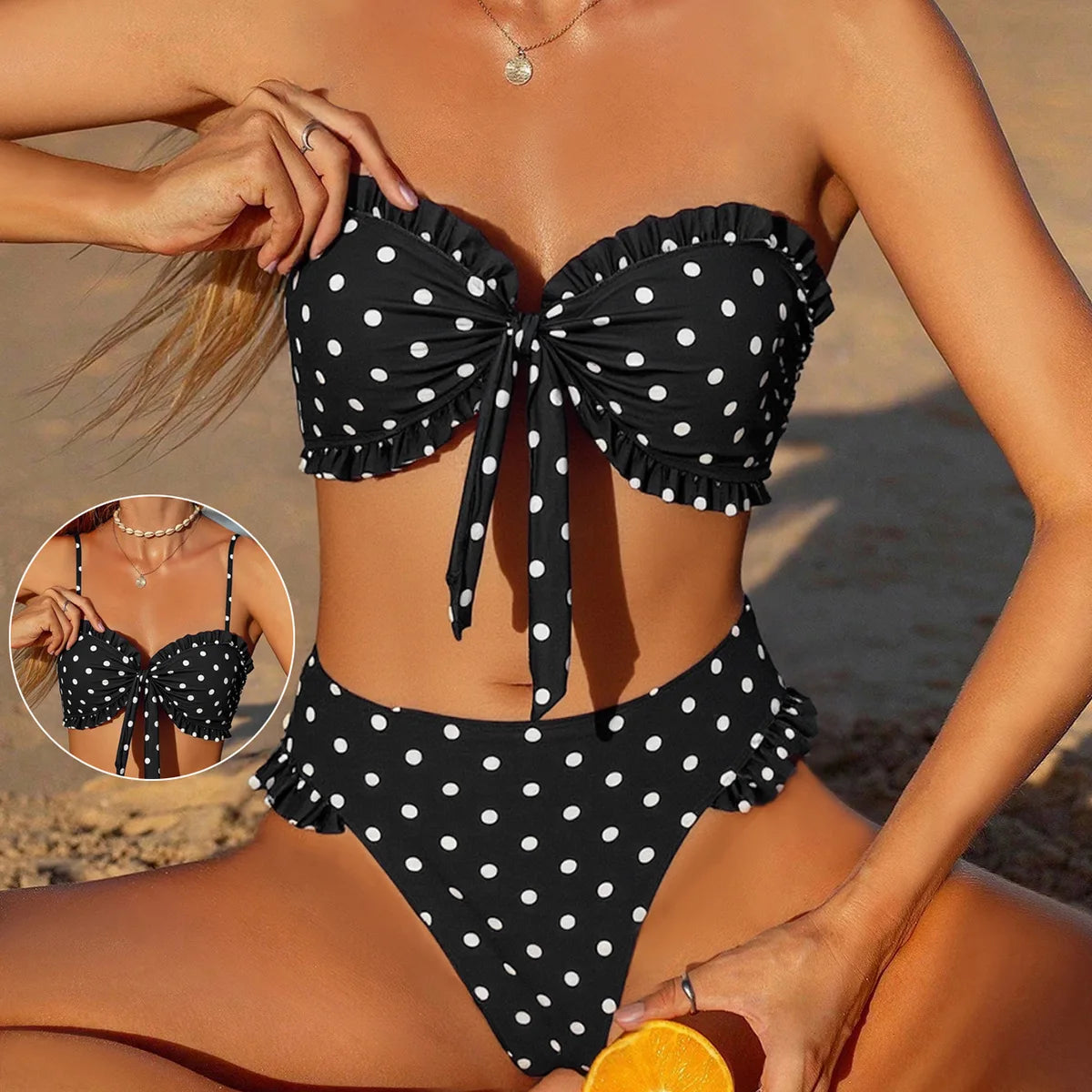 Women Polka Dot Bikinis Set Ruffle Trim Front Bow Bandeau Top High Waist High Cut Bikini Swimwears Beach Bathing Suit Swimsuits