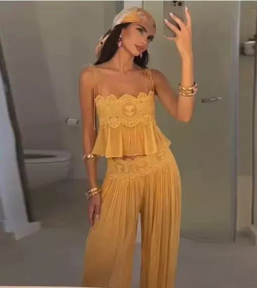 Beach Floral Women's Sets Beach Water‑Soluble Floral Lace Hollow Out Women's Pants Sets, Ruffles Spaghetti Strap Crop Tops, Loose Pleated Lantern Pants, 2