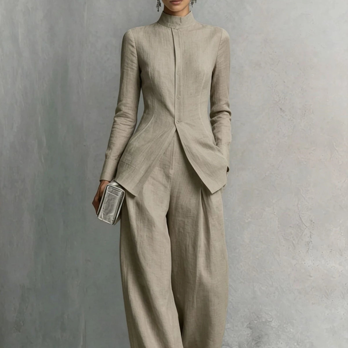 Women Linen 2 Piece Outfit Set Stand Collar Long Sleeve Slim Shirt High Waist Wide Leg Pants Elegant Office Business Suit