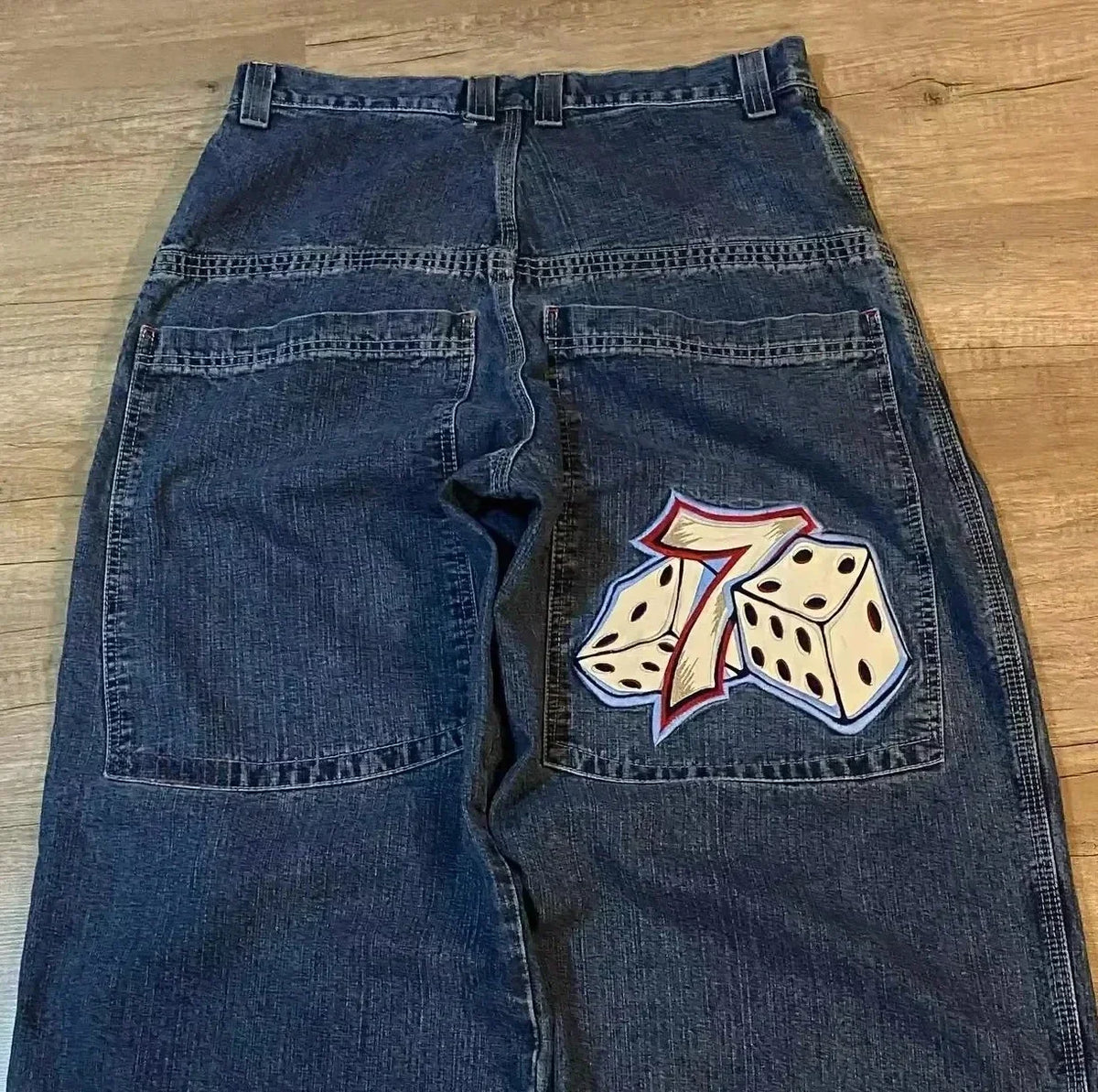 Men Harajuku Hip Hop Jeans Retro Gothic Y2K High Waist Baggy Wide Leg Denim Pants Embroidered Pattern Blue Streetwear Trousers