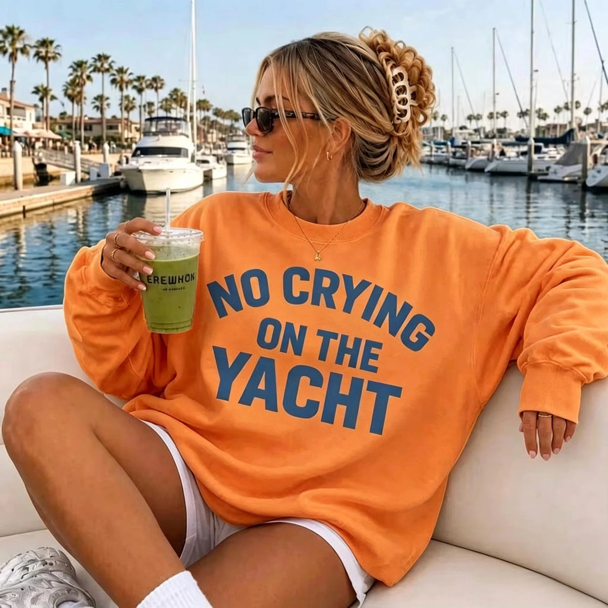 2026 Fashion New Women Crew Neck Pullover Sweatshirt, Oversized Loose Fit Retro Millennium Style, "No Crying On The Yacht" Lake Life Graphic Print, Cute Long Sleeve Tops for Summer Fall Daily Basic Top