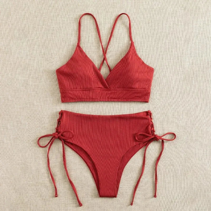 Solid Bikini Set Swimsuit Women V Neck Backless Lace Up High Cut Thong Split Bathing Suit 2025 Beach Swimwear 2 Piece Sets