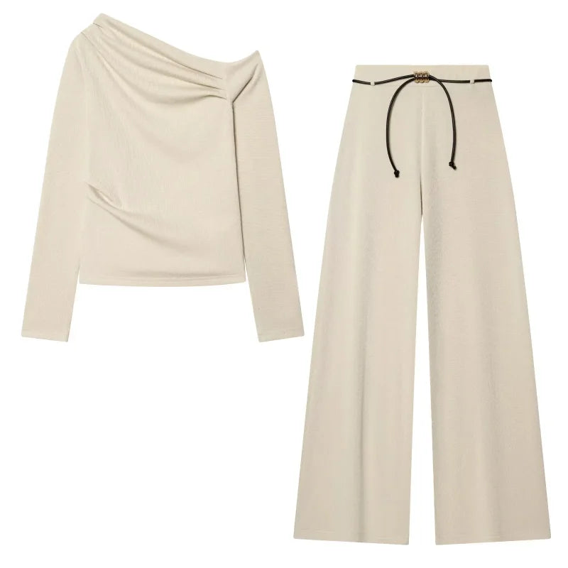 2026 Women's Autumn Matching 2 Piece Set Long Sleeve Ribbed Asymmetric Designer Style Pleated Top And Pants Chic Lady Streetwear