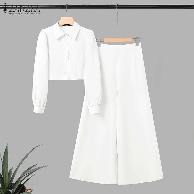ZANZEA Elegant Women 2-Piece Pant Sets Long Sleeve Cropped Top & Wide Leg Pant Matching Sets Autumn Minimalist OL Work Co-ords