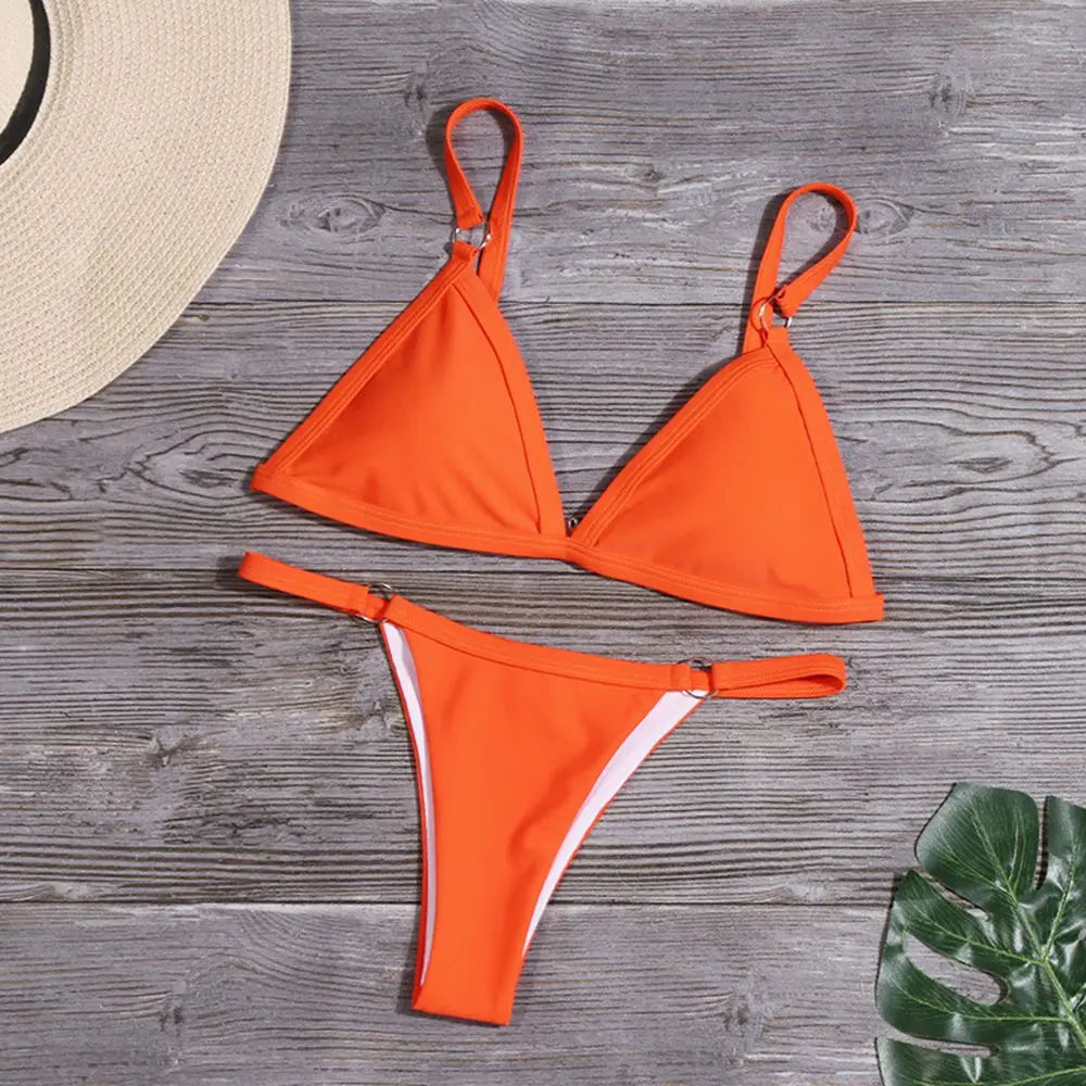 Ladies Sexy Solid Color Sling Bikini Set Metal Buckle Decorated Brazilian Swimwear Beach Vacation Split Swimwear