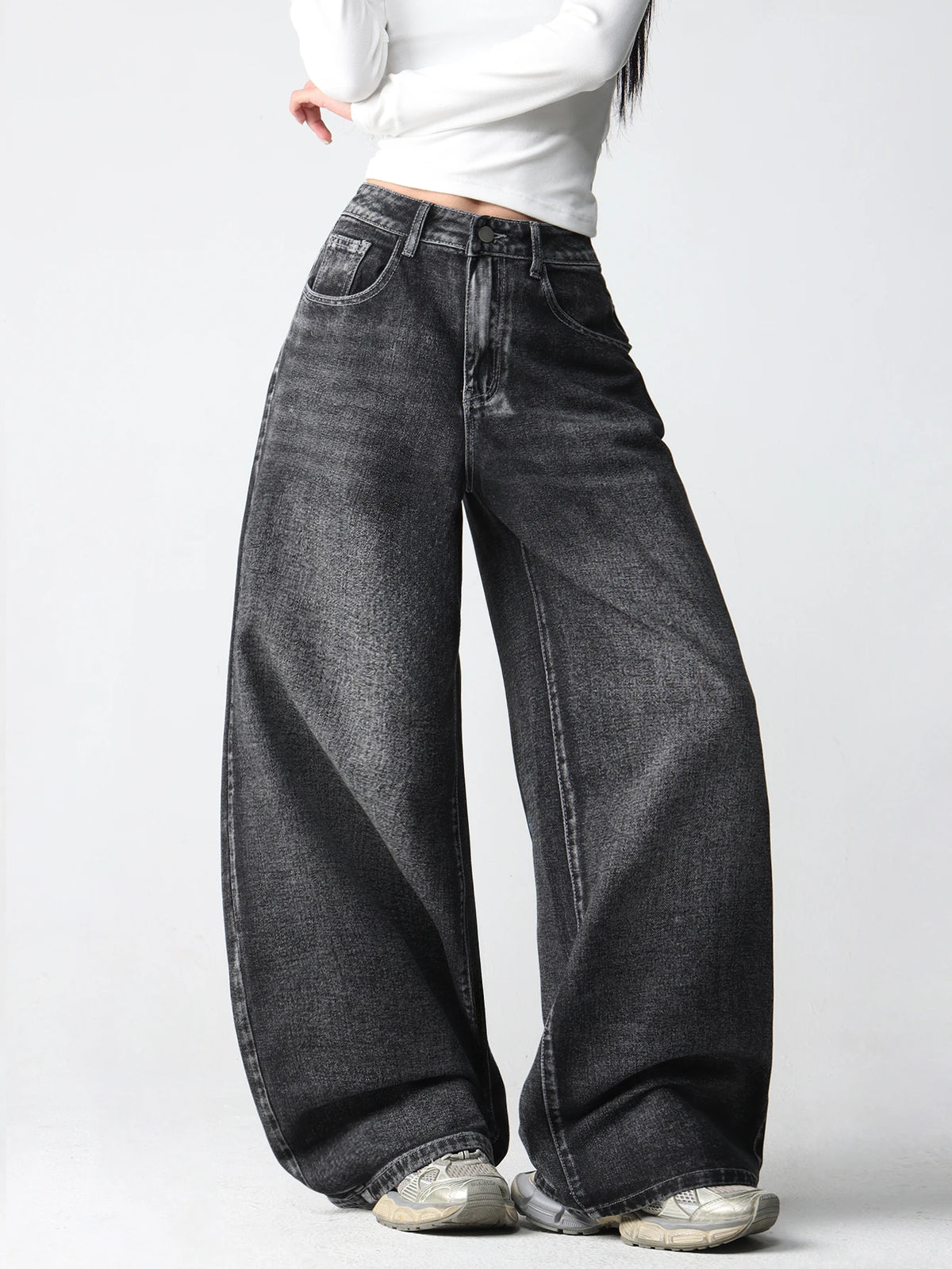 1 Pc American Retro Creative Wings Embroidered Black Loose Jeans Women Y2K Street Fashion Versatile Slimming Wide Leg Pants