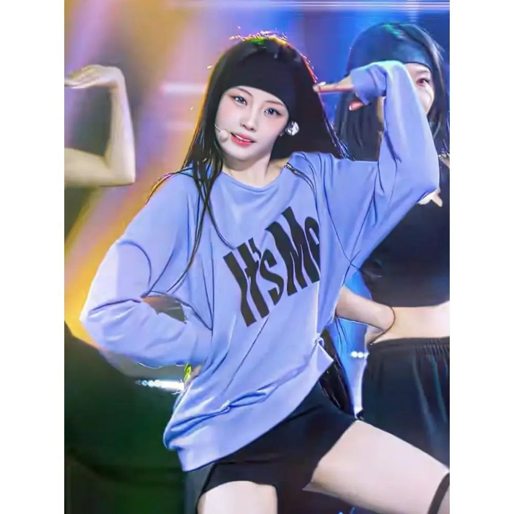 Sweatshirt ILLIT Li Yuan Xi Stage Performance Hoodie round Neck Spring Autumn Print Outerwear Sweatshirt Loose Fit Unisex Commute Style