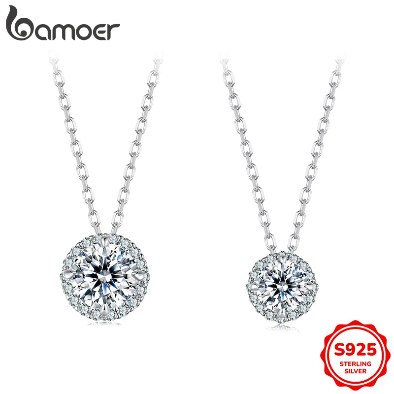 BAMOER 925 Sterling Silver Round Moissanite Necklace, White Gold Plated Classic Elegant Necklace Engagement Jewellry Gift