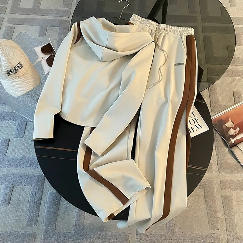 Women's Casual Sports Suit Slim and Skinny Hooded Zipper Jacket Wide Leg Pants Two-piece Set