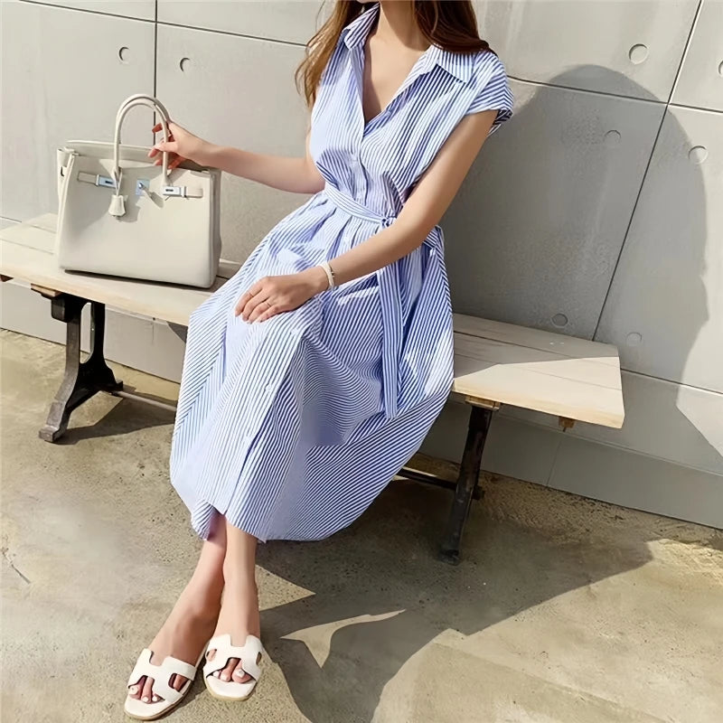 Women's Summer Striped Tie Waist Slim Fit Midi Sleeveless Shirt Dress Casual Office Lady Elegant With Pockets Dress DR1970