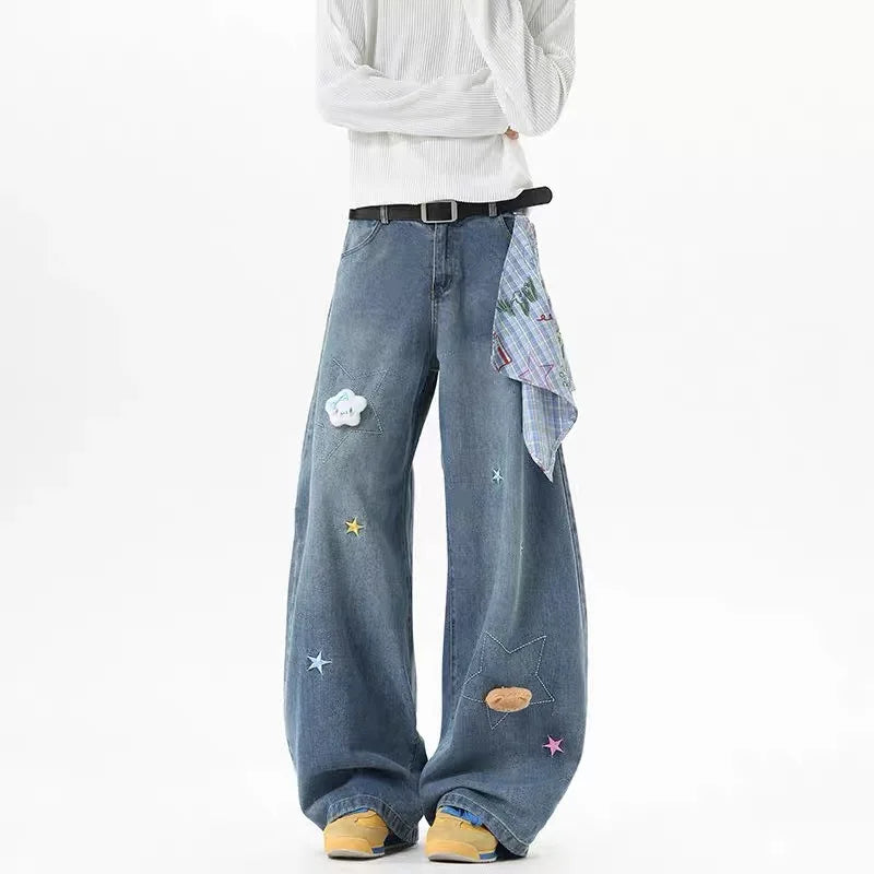 ZHIZOU 2025 Autumn Women Blue Y2k Baggy Printing Jeans Harajuku Aesthetic 2000s Denim Trousers Vintage Jean Pants Trashy Clothes