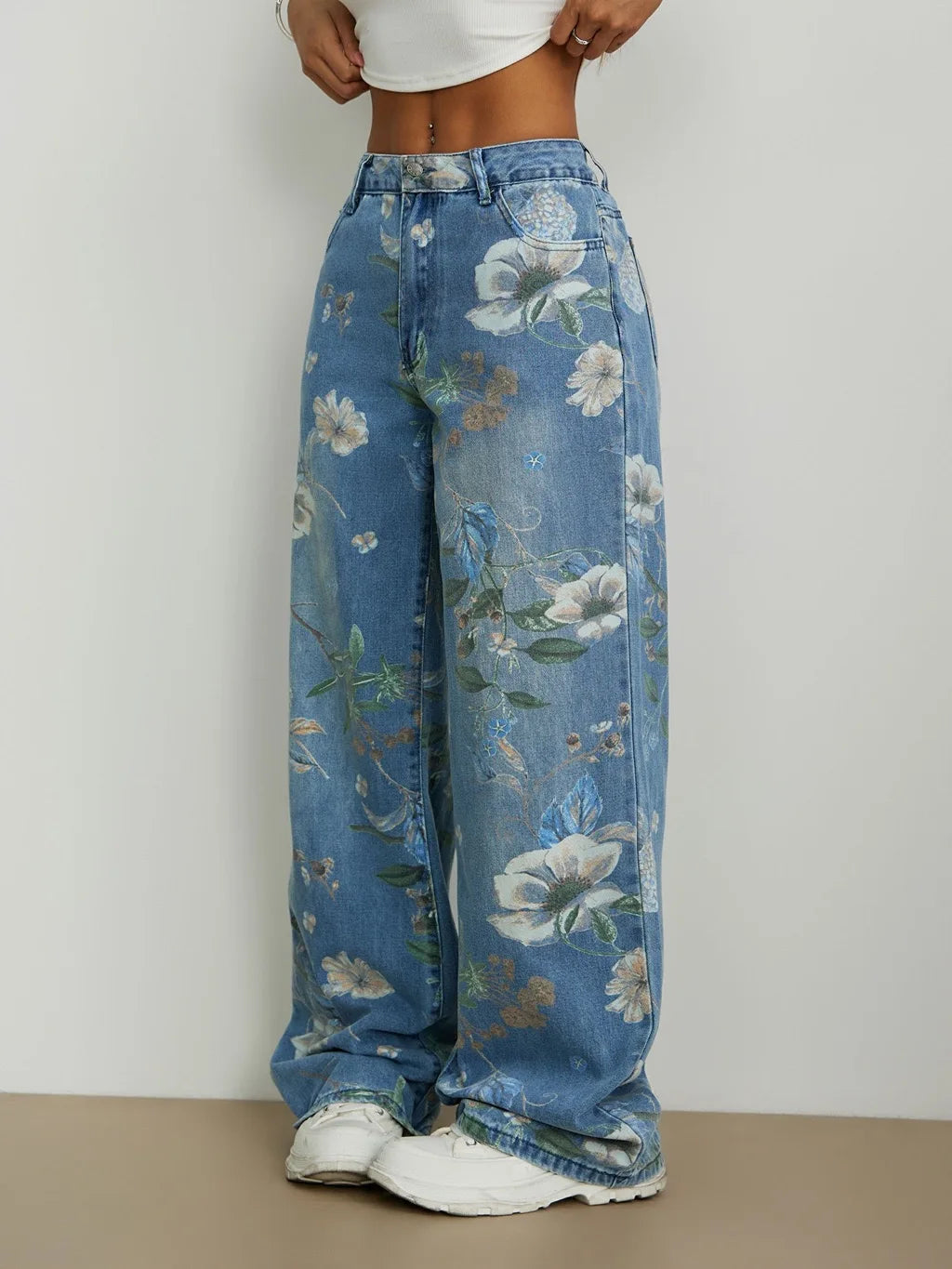 Vintage Floral Print Wide Leg Jeans for Women High Waist Loose Straight Trousers Retro Floral Print Floor-Length Denim Pants Str