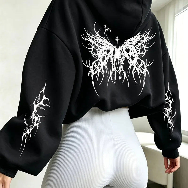 Black Cross Thorn Butterfly Pattern Print, Y2K Retro Street Women's Autumn/Winter Collection with Velvet Long Sleeve Hoodie