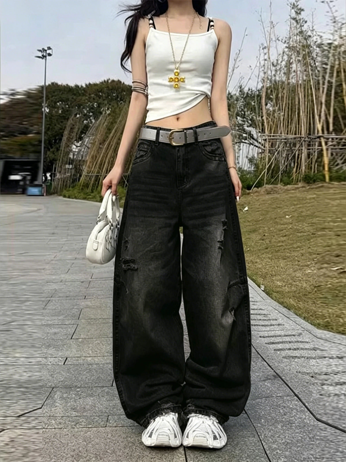 Jeans American Vintage Ripped Patchwork Washed Black Baggy Wide-Leg Jeans Y2K Street Trend Versatile Spicy High-Waist Long Pants