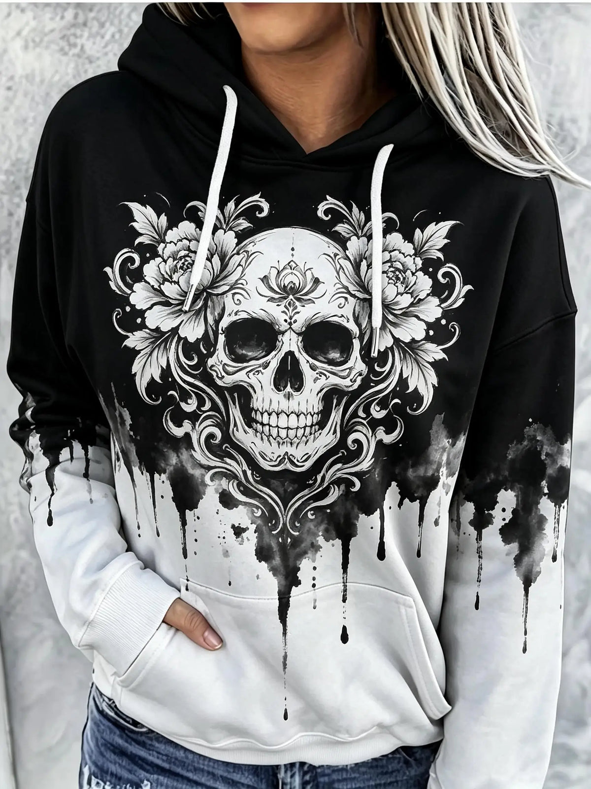 Women Fleece Hoodie Skull Floral Peony Ink Drip Print Long Sleeve Drawstring Pocket Loose Casual Hooded Sweatshirt