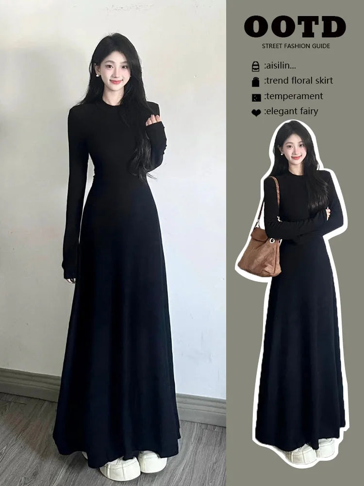 Dress Autumn Winter Women's Long Sleeve Base Layer Dress Slim Fit High Waist A-Line Skirt Korean Style Commute High Quality Dress