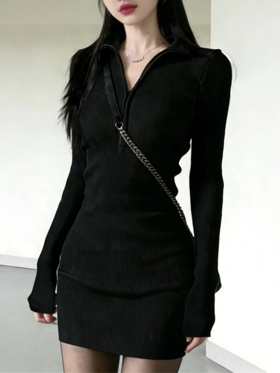 Casual Dress Long Sleeve Women's Dress Autumn Winter Fashion Slim Fit Bodycon Skirt Invisible Zipper High Waist Medium Stretch Casual Wear