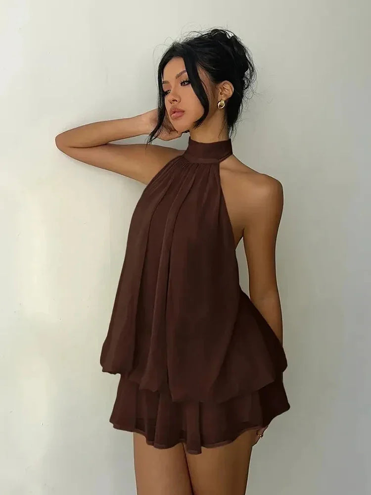 Women Halter Neck Chiffon Mini Dress Sleeveless Tiered Ruffle Flowy Dress Solid Loose A Line Summer Party Beach Casual Sundress