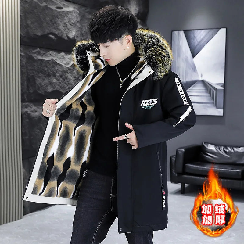 Winter New Men's Parka Hooded Woolen Collar Cotton Coat Thickened Warmth Fashionable Mid length Wool Liner Jacket