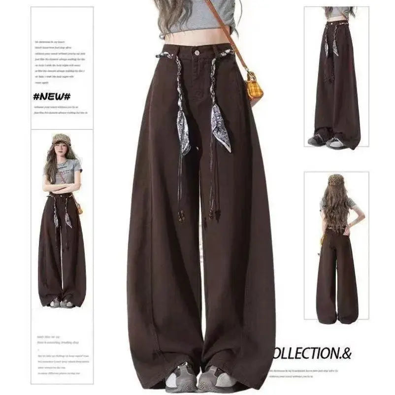 Vintage Brown Patchwork Jeans Women Streetwear High Waist Loose Plaid Denim Pants Y2K Retro Korean Zipper Wide Leg Trouser