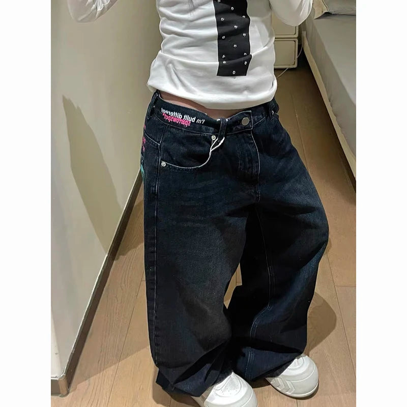 ZHIZOU Women Blue Gothic Y2k Oversize Jeans Harajuku Vintage Wide Leg Denim Trousers Aesthetic 2000s Style Boyfriend Jeans Pants