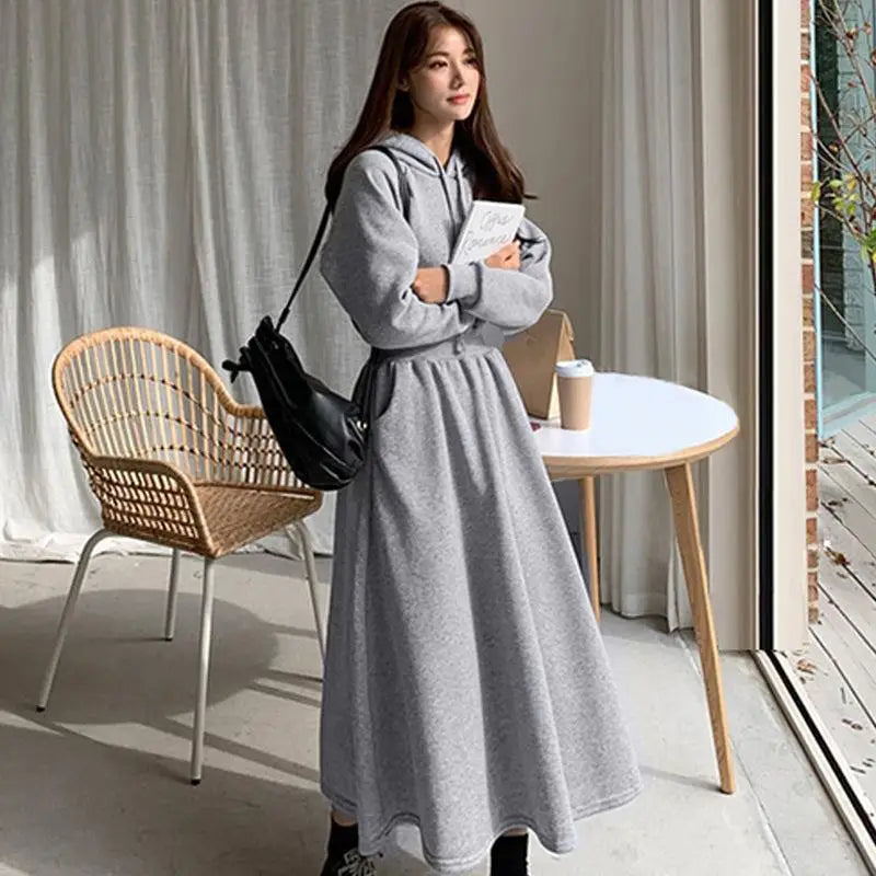 Korean Style Autumn Winter Hooded Sweatshirt Dress Plus Size Slimming Waist Cinch Solid Color Long Gown for Students Women Casua