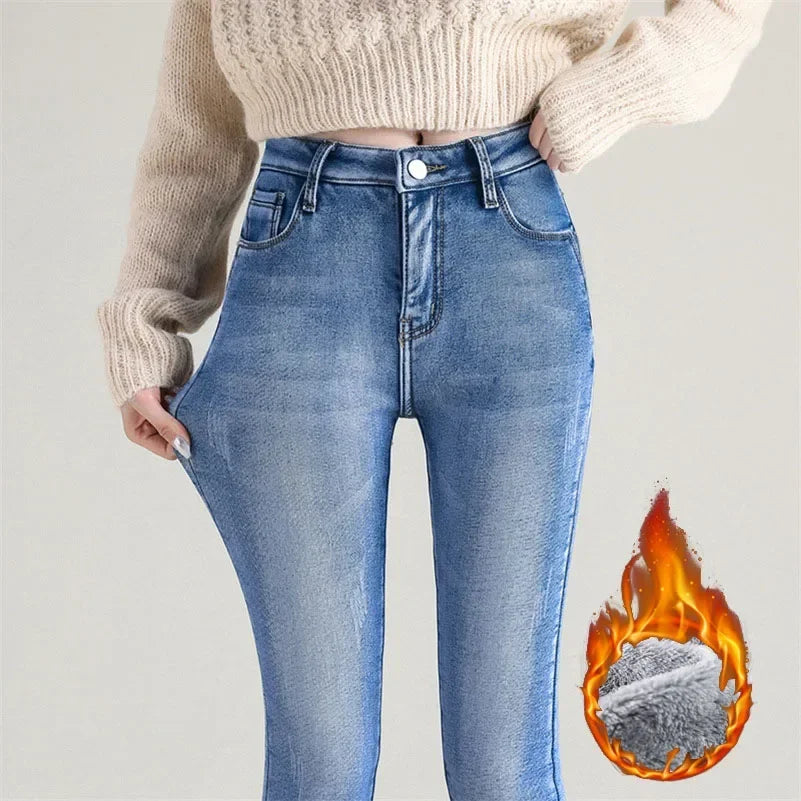 Women Thermal Jeans Winter Snow Warm Thickened Fleece Stretch Skinny Pencil Pants Fashion Korean Slim Fit Velvet Plush Pants