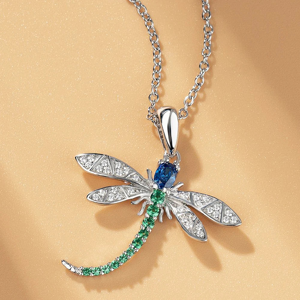 Huitan Exquisite Colorful Dragonfly Pendant Necklace for Women Paved Dazzling CZ Stone Cute Lady Necklace Party Fashion Jewelry