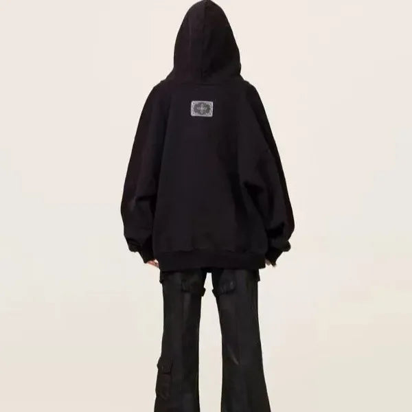 Classic Zip Hoodie Metal Rivet Loose Hooded Sweater Jacket