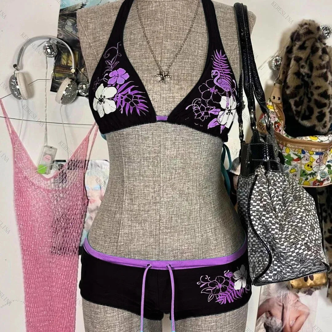 Sexy Hottie Print Laced Up Backless Bikini 2 Piece Set Women Split Swimsuit Beach Bikini 2025 Summer Swimwear Bikinis Set