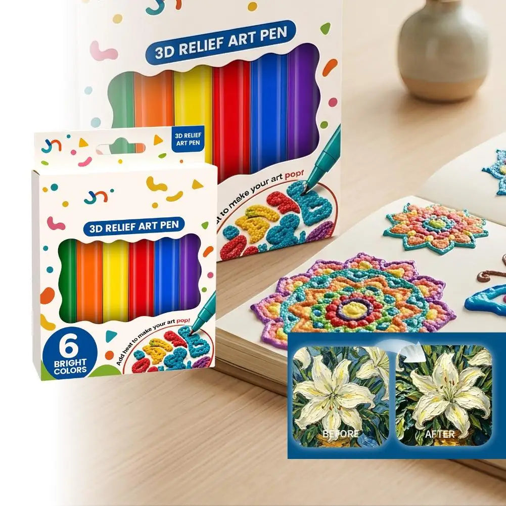 3D Relief Art Puffy Paint Pens 6 Vibrant Colors Heat Activated Raised Texture Drawing Markers DIY Handicraft Painting Tools