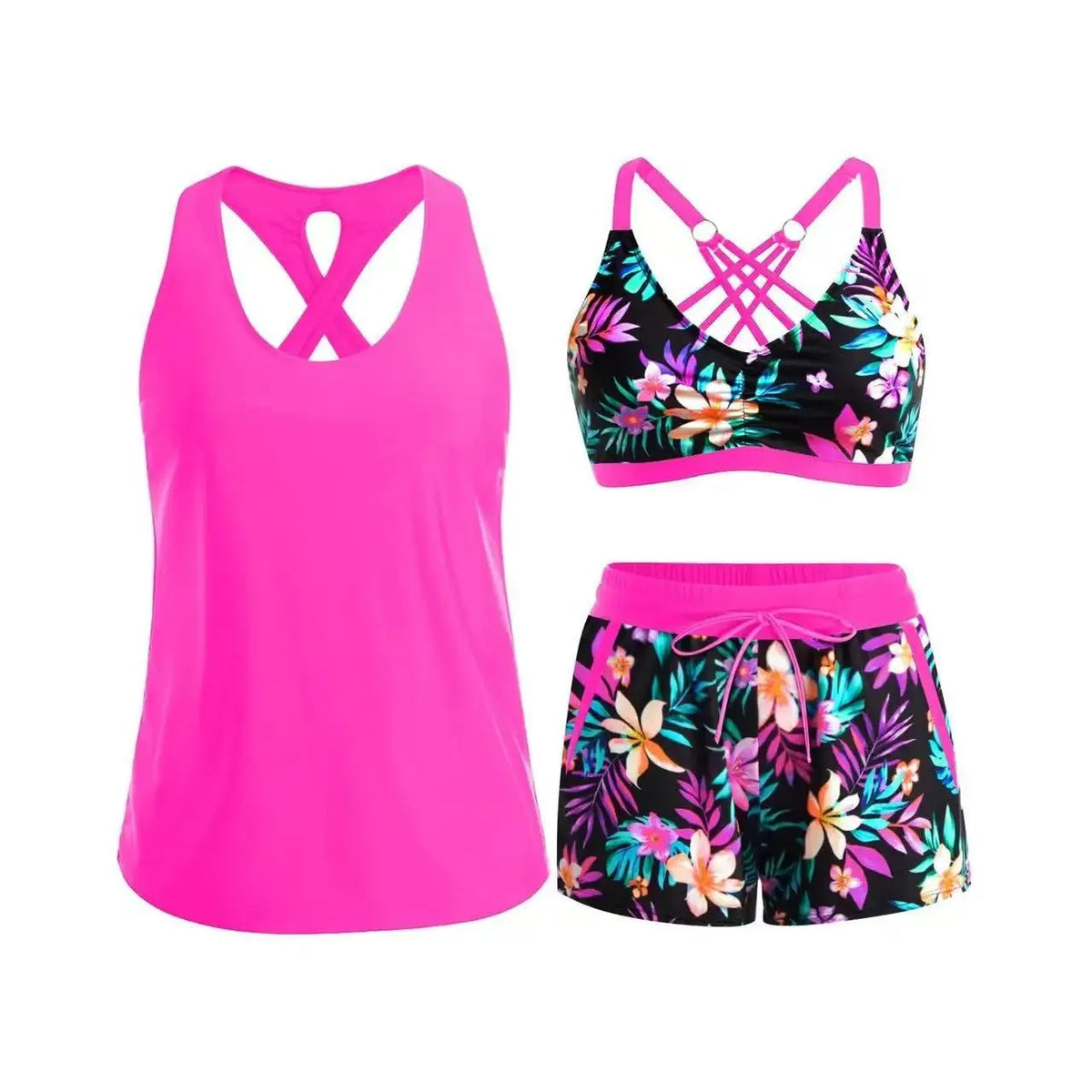 Women Palm Leaf Print 3 Piece Tank Bikini Set Criss Cross Back Top Drawstring Boyshort Swimsuits Bathing Suits Beach Swimwear