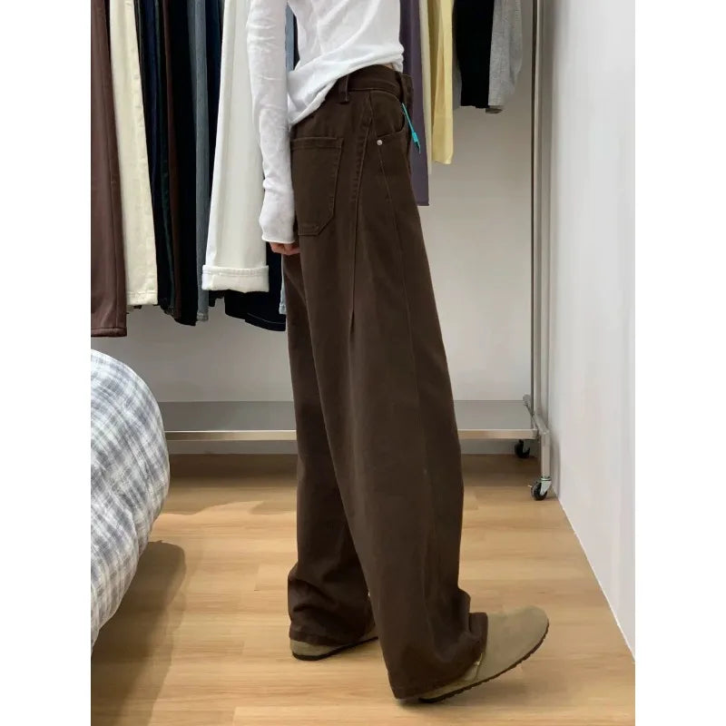 Y2K Women Coffee Brown Wide Leg Curved Jeans 2026 Fall Loose Casual Slim Floor Drape Denim Pants