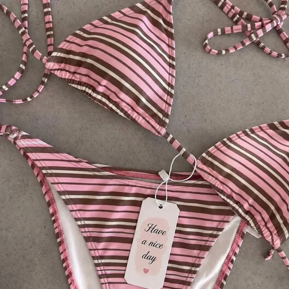 2 Piece Polka Dot Bikini Women Thong Lace-up Print Bathing Suits Halter String Triangle Bikini High Cut Swimsuits Swim Holiday
