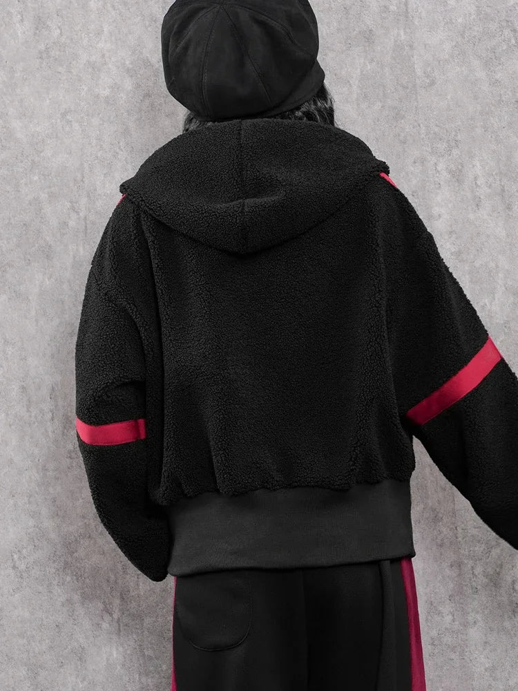 AmaxluluE Korean Winter Fashion Loose Hoodies Womens Vintage Striped Sweatshirts Ladies Classic Leisure Punk Hooded Fur Clothes