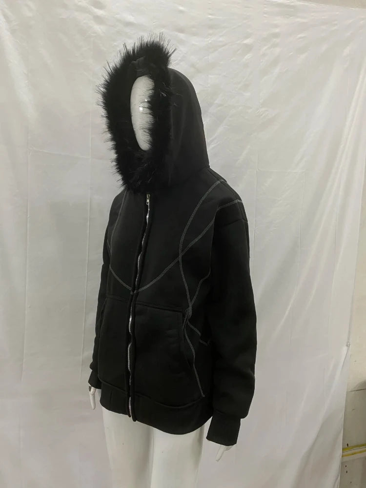Dark Gothic Solid Color Plush Hat Collar High Street Hip Hop Long Sleeve Hoodies 2000s Autumn Winter Warm Windproof Loose Coat