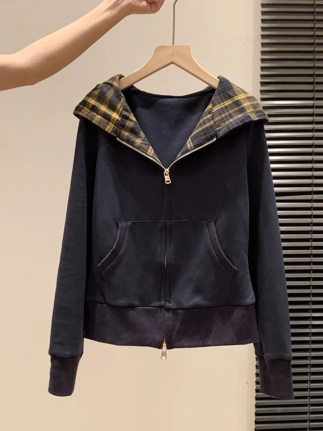 Sweatshirt Korean Style Hooded Color Block Plaid Double Zipper Long Sleeve Women's Sweatshirt Jacket Autumn Winter New All Match Open Ca...