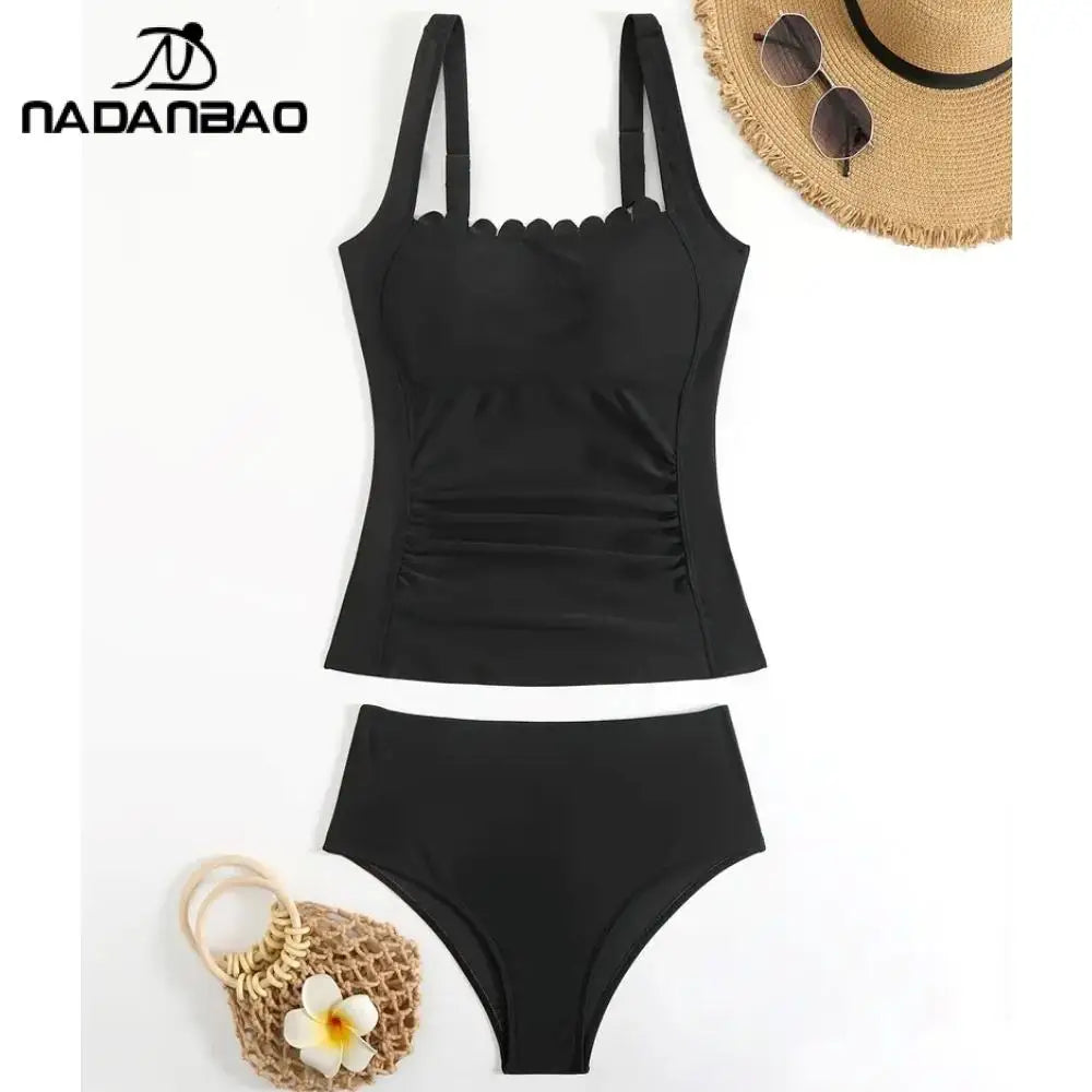 Nadanbao Scalloped Square Neck Bikini Suit Women Ruched Tummy Tankini Set Slim Strap Bathing Suit Black Two-Piece Beach Swimsuit