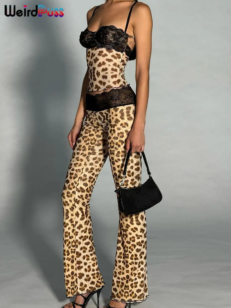Nibber Sexy Patchwork Mesh 2 Piece Set Women Cleavage Sleeveless Crop Tops+Leopard Print Skinny Pants Street Wild Trend Suit