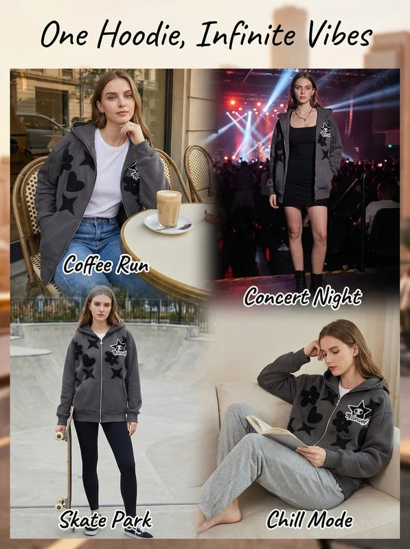Hoodies Women Y2k Women Retro Embroidery Hoodies Autumn Winter Zip Up Long Sleeve Loose Jacket Coats Y2k Harajuku Casual P