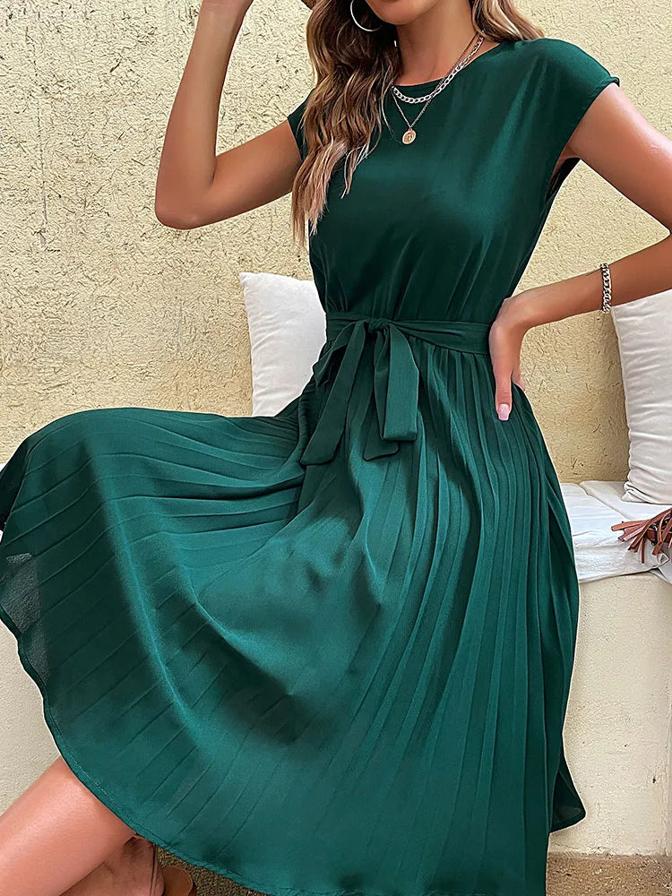 Casual Dress Pleated Elegant Women Summer Casual Beach Sundress Short Sleeve Pleated Midi Dress Soild Colour O Neck Tunic Dresses Fashion