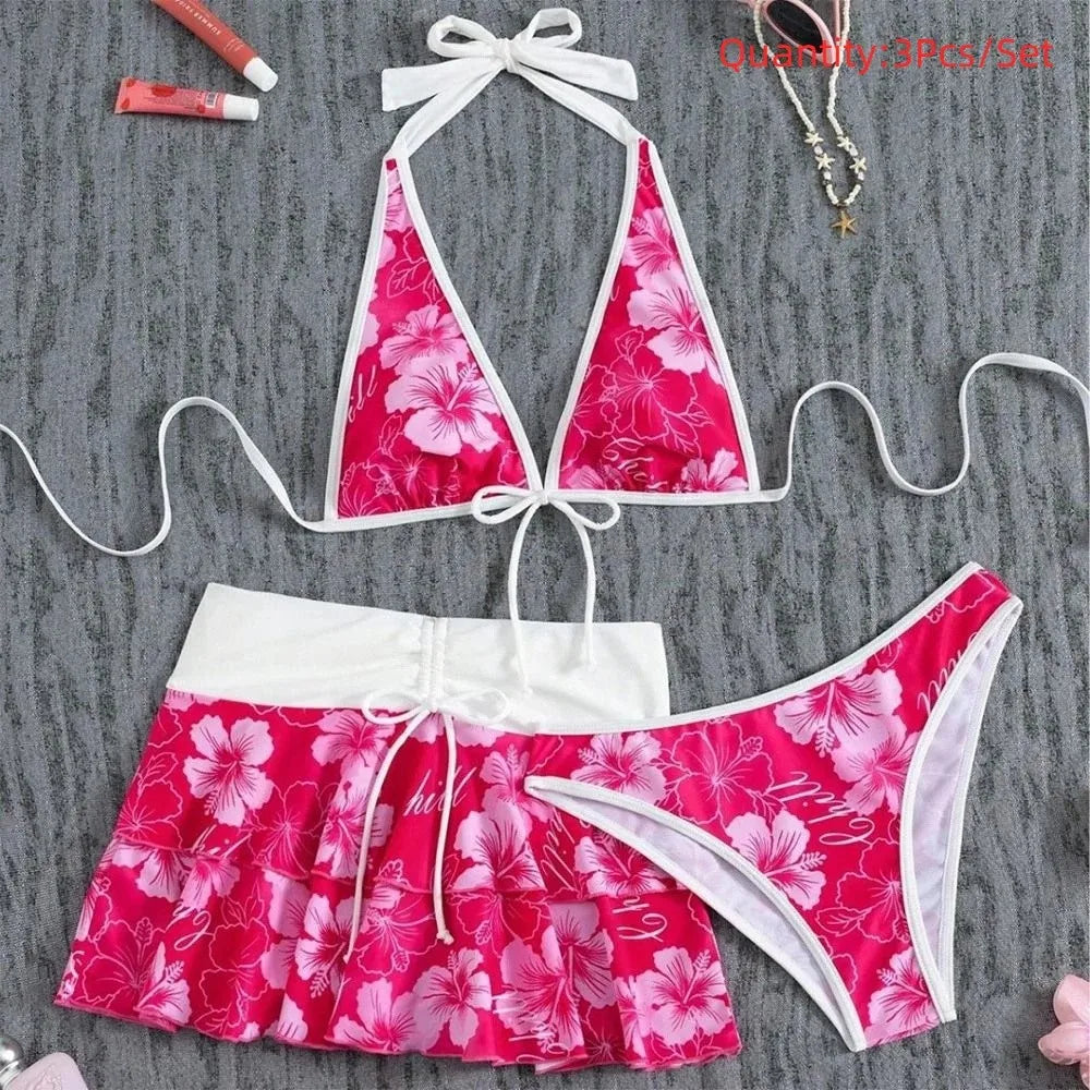 3Pcs/Set Fashion Summer Floral Swimsuit Triangle Halter Elegant Bikini Set Cover Up Skirt High-Waist Swimwear Vacation
