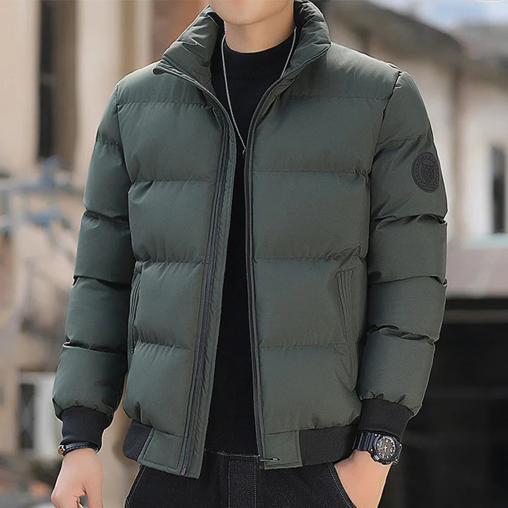 Men Stand Collar Puffer Jacket Solid Color Zip Up Warm Winter Coat Casual Lightweight Bubble Outwear With Circle Patch