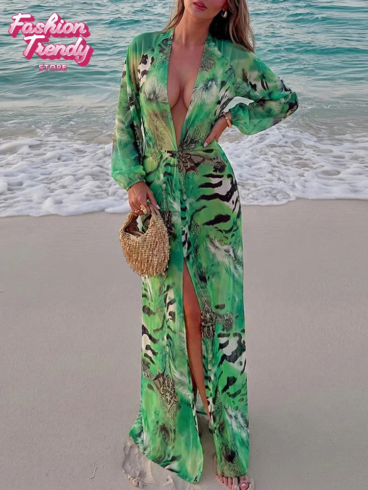 Dress Women Vintage Green Print Dress Loose V-neck Waist-cinching Long Sleeve Print Maxi Dresses Tropicsal Summer Outing Gown 2026