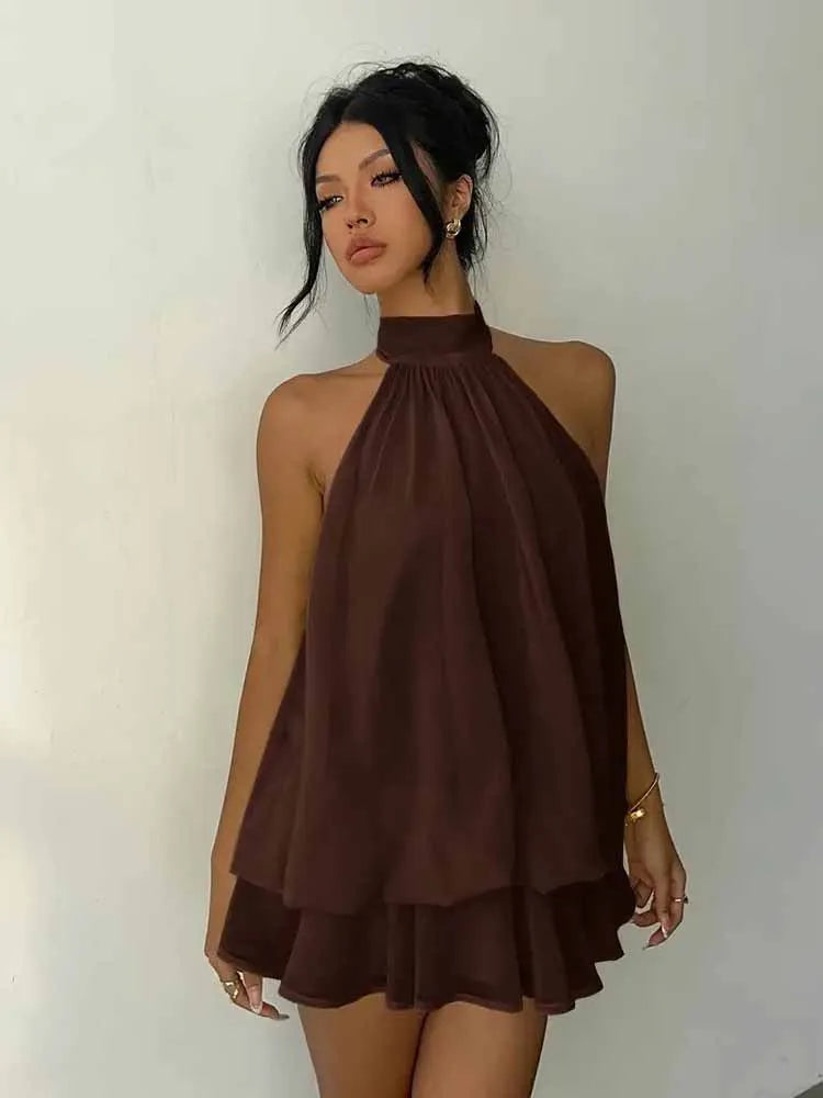 European and American Solid Color Neck Hanging mini Skirt with Loose Atmosphere, Beach Date Sleeveless Short Dress