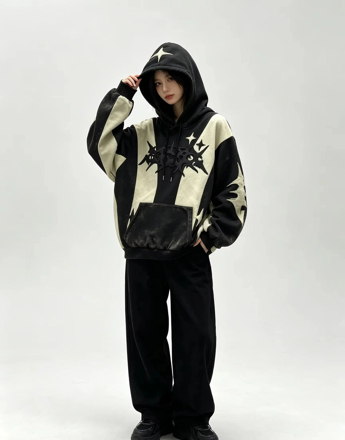 Y2K Gothic Oversized Hoodie Star Patch Embroidery Color Contrast Spliced Sweatshirt Hip Hop Streetwear Loose Pullover For Men Wo