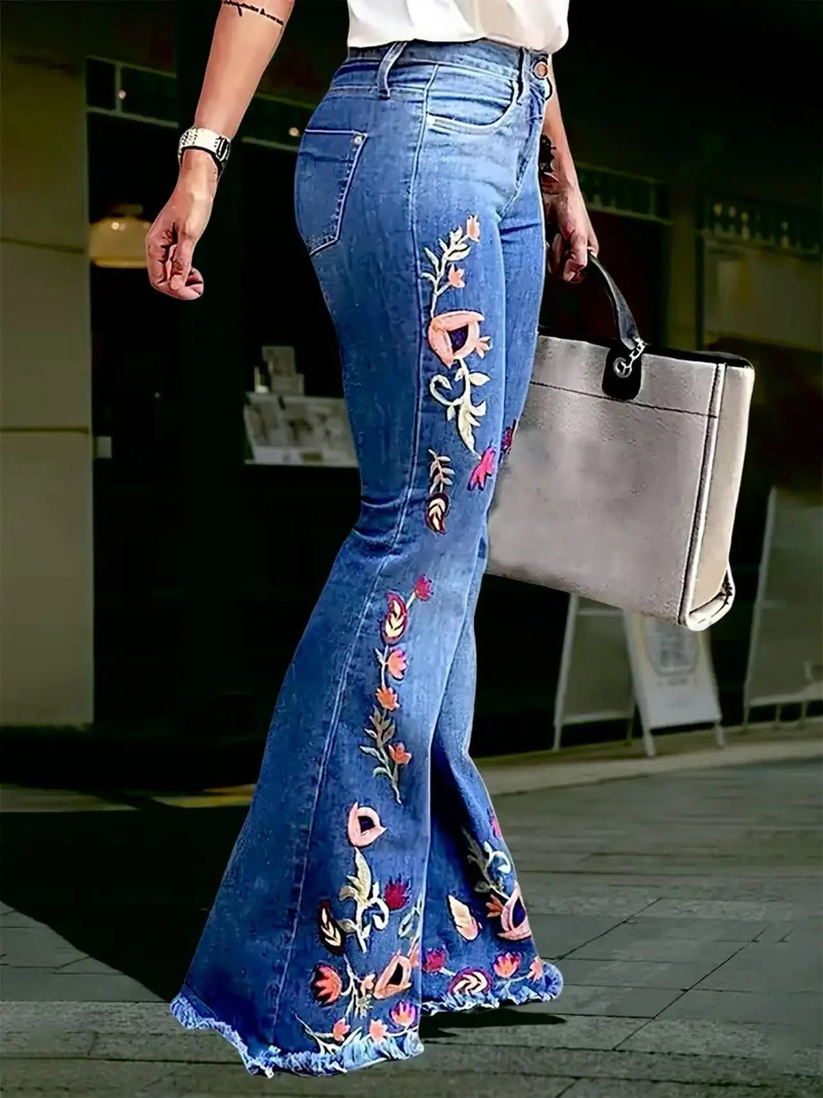 Women's High-Waisted Embroidered Bell-Bottom Jeans with Floral Patterns, Frayed Hem, Stone Washed Blue, Fitted Denim Long Pants